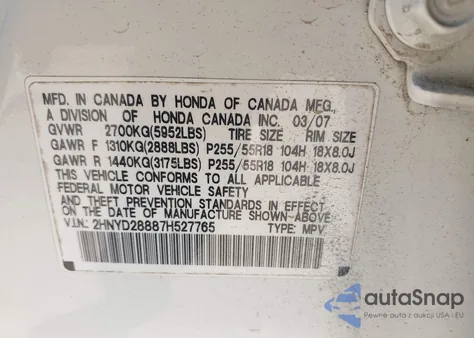 2007 Acura Mdx Sport Package из США, поврежденный, VIN 2HNYD28887H527765